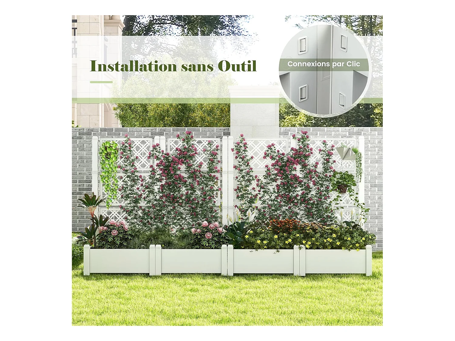 Jardinière avec Treillis à 3 Hauteurs Arrosage Automatique Blanc et Gris