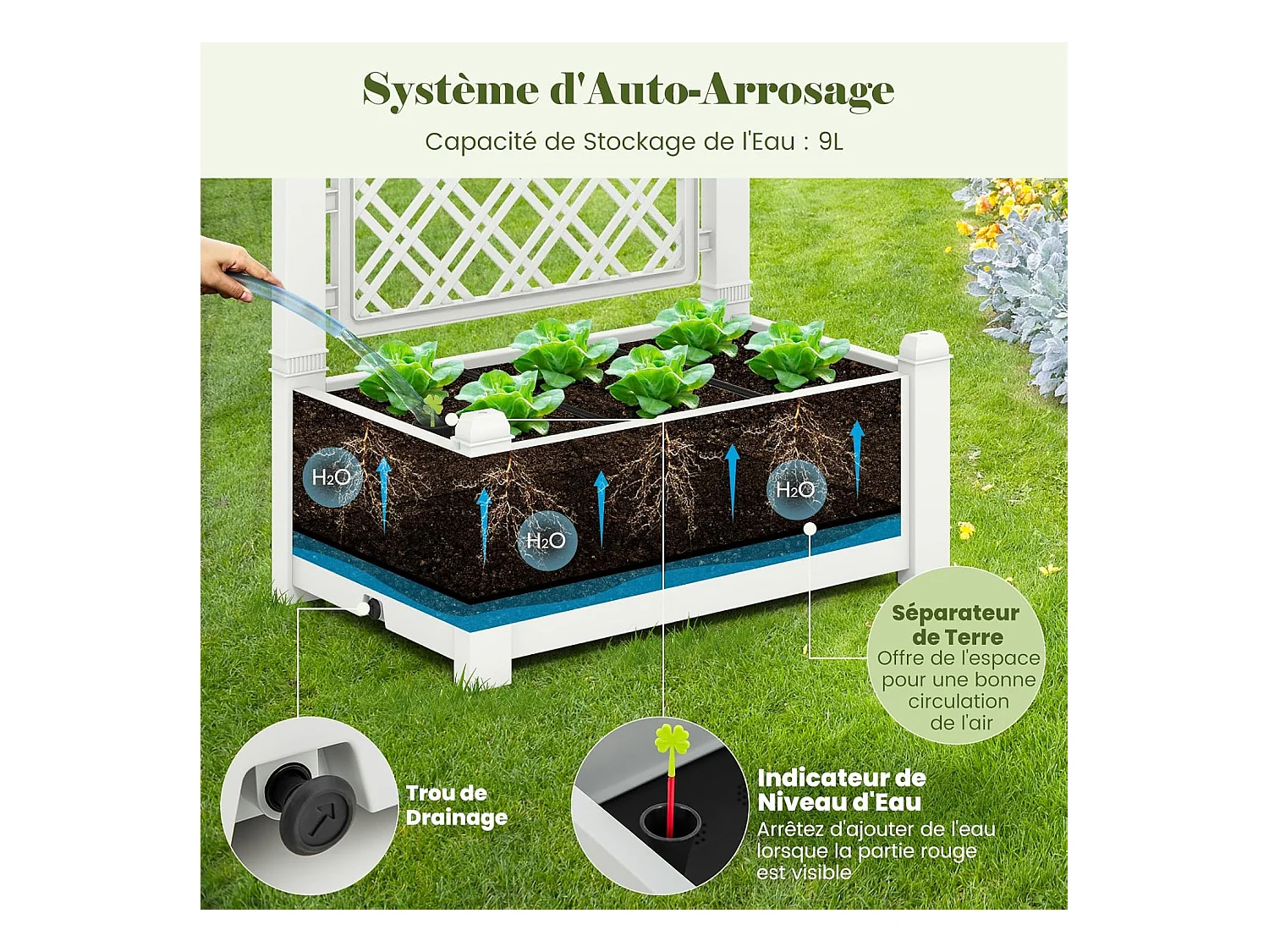 Jardinière avec Treillis à 3 Hauteurs Arrosage Automatique Blanc et Gris