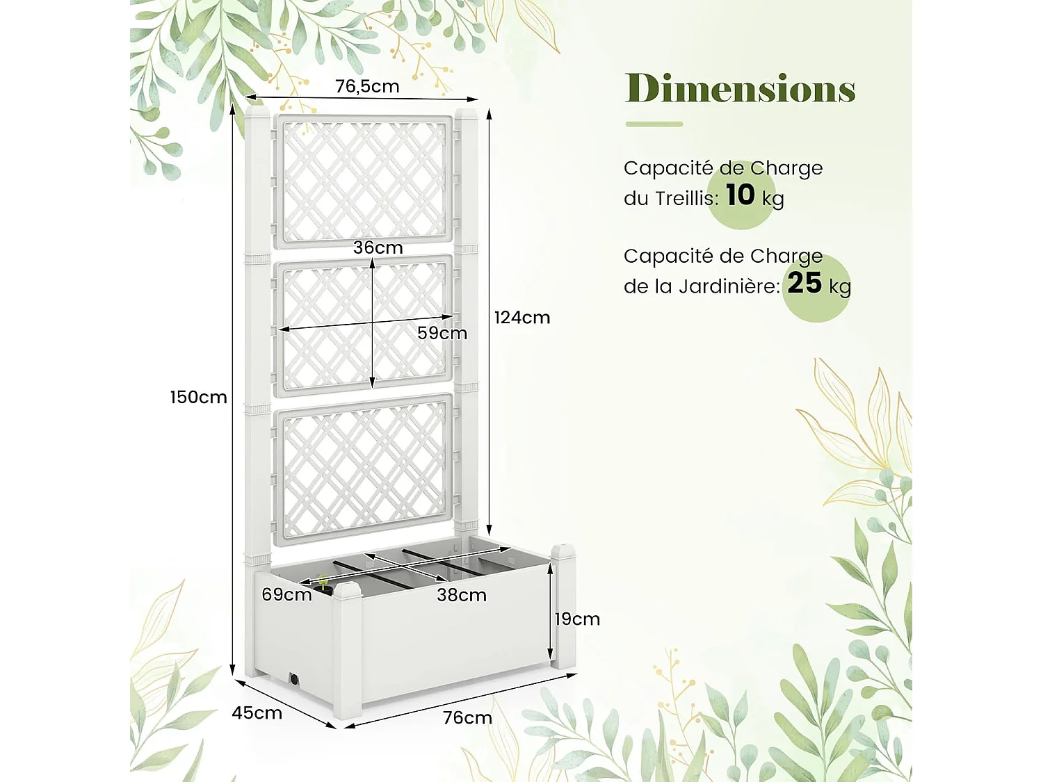 Jardinière avec Treillis à 3 Hauteurs Arrosage Automatique Blanc et Gris