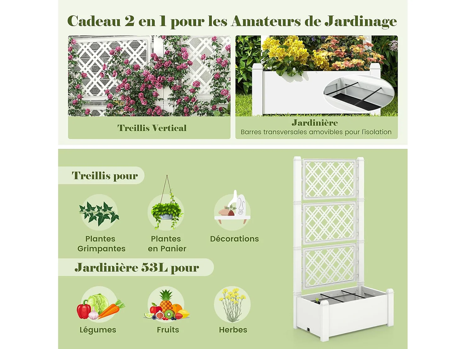 Jardinière avec Treillis à 3 Hauteurs Arrosage Automatique Blanc et Gris