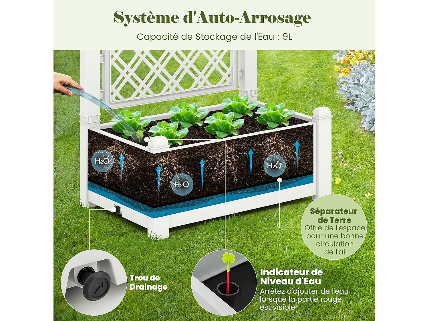 Jardinière avec Treillis à 3 Hauteurs Arrosage Automatique Blanc et Gris