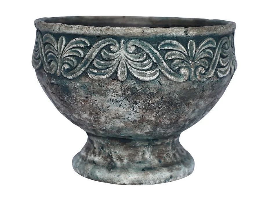 Coupe ronde sur pied en ciment vieilli bleuté Ø.20,5 x Ht.15 cm