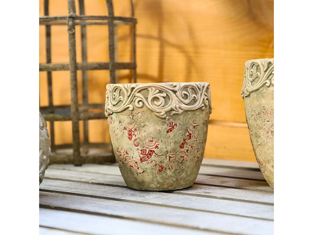 Cache-pot rond en ciment vieilli effet carrelage bordeaux Ø.13,5 x Ht.14 cm