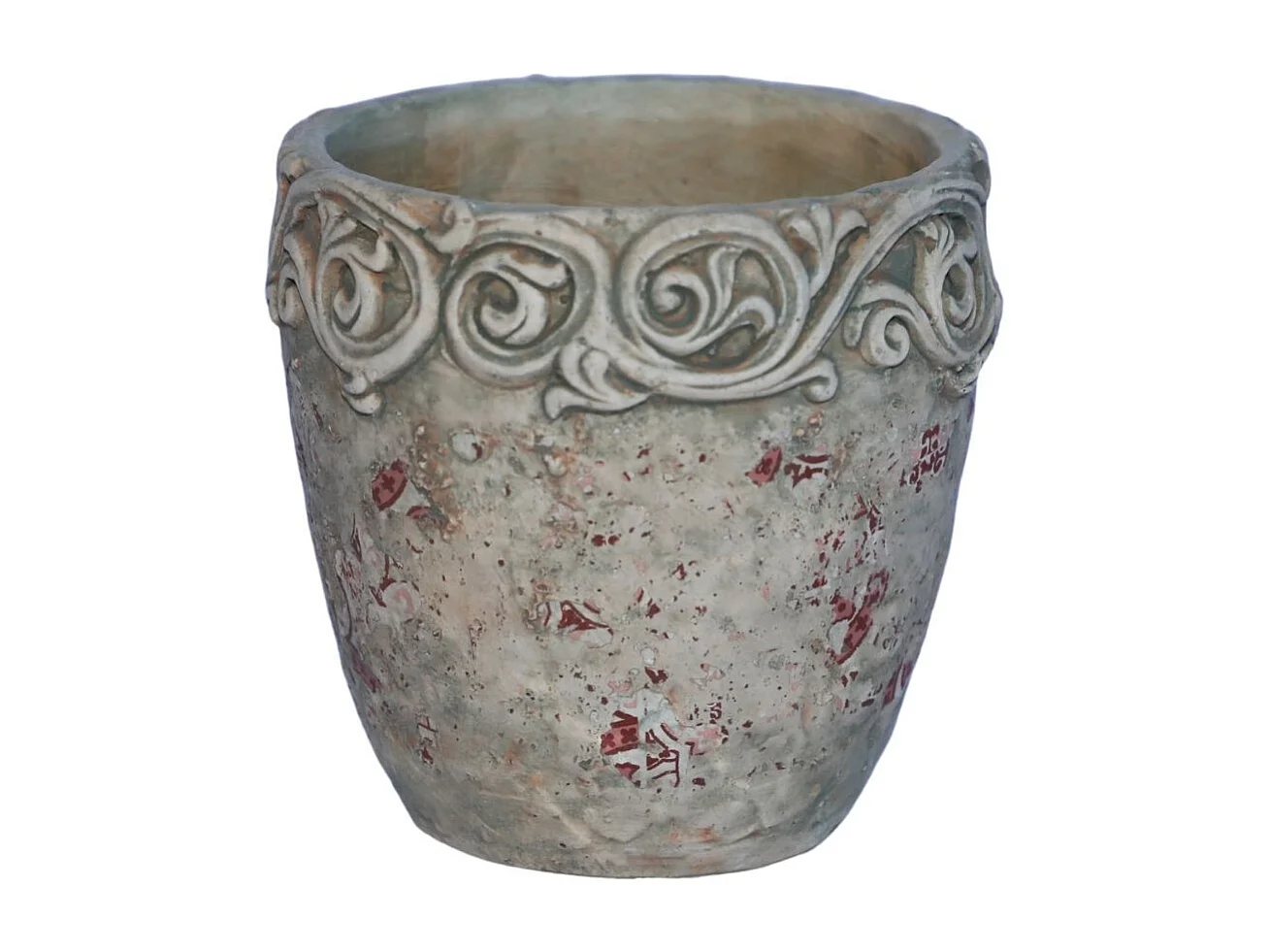 Cache-pot rond en ciment vieilli effet carrelage bordeaux Ø.13,5 x Ht.14 cm