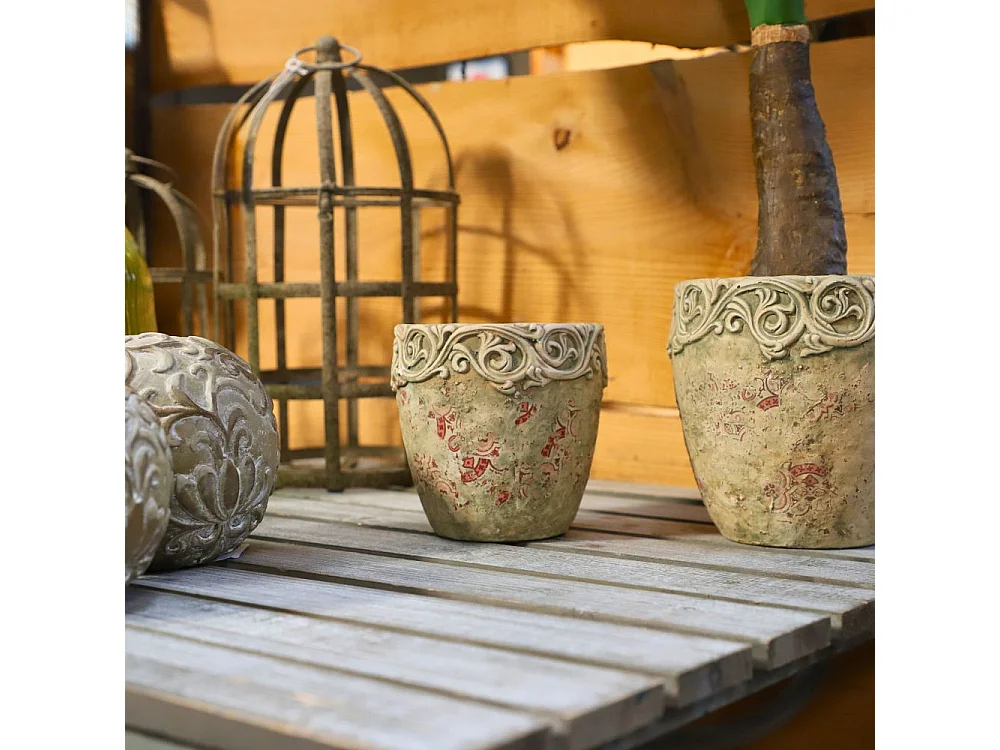 Cache-pot rond en ciment vieilli effet carrelage bordeaux Ø.13,5 x Ht.14 cm