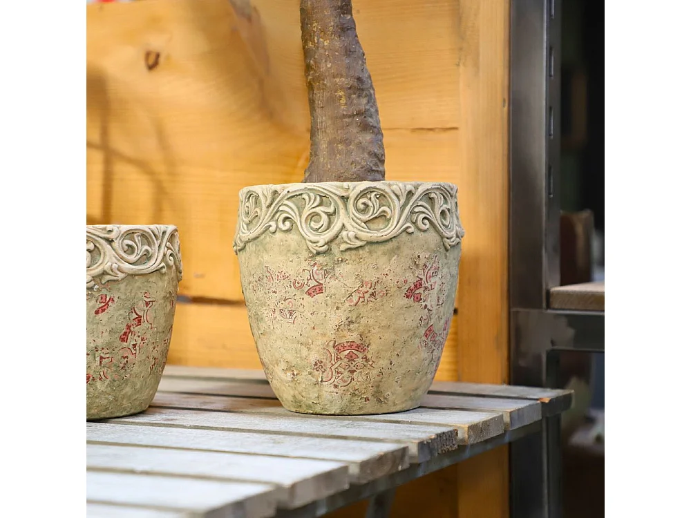 Cache-pot rond en ciment vieilli effet carrelage bordeaux Ø.17 x Ht.17 cm