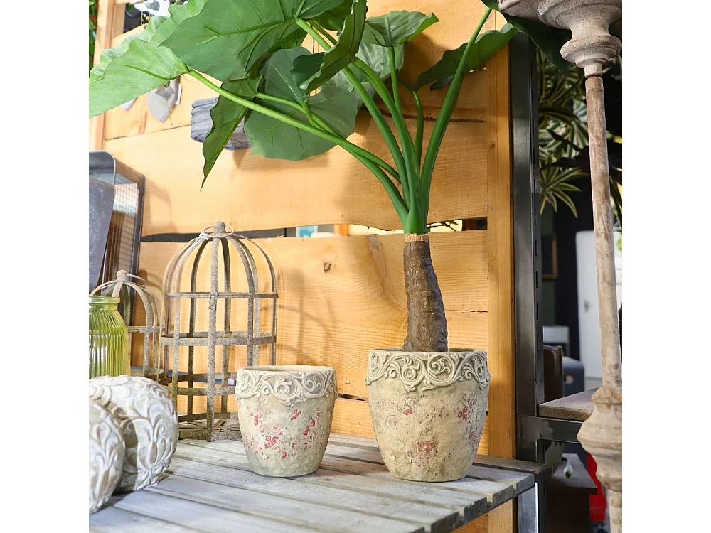 Cache-pot rond en ciment vieilli effet carrelage bordeaux Ø.17 x Ht.17 cm