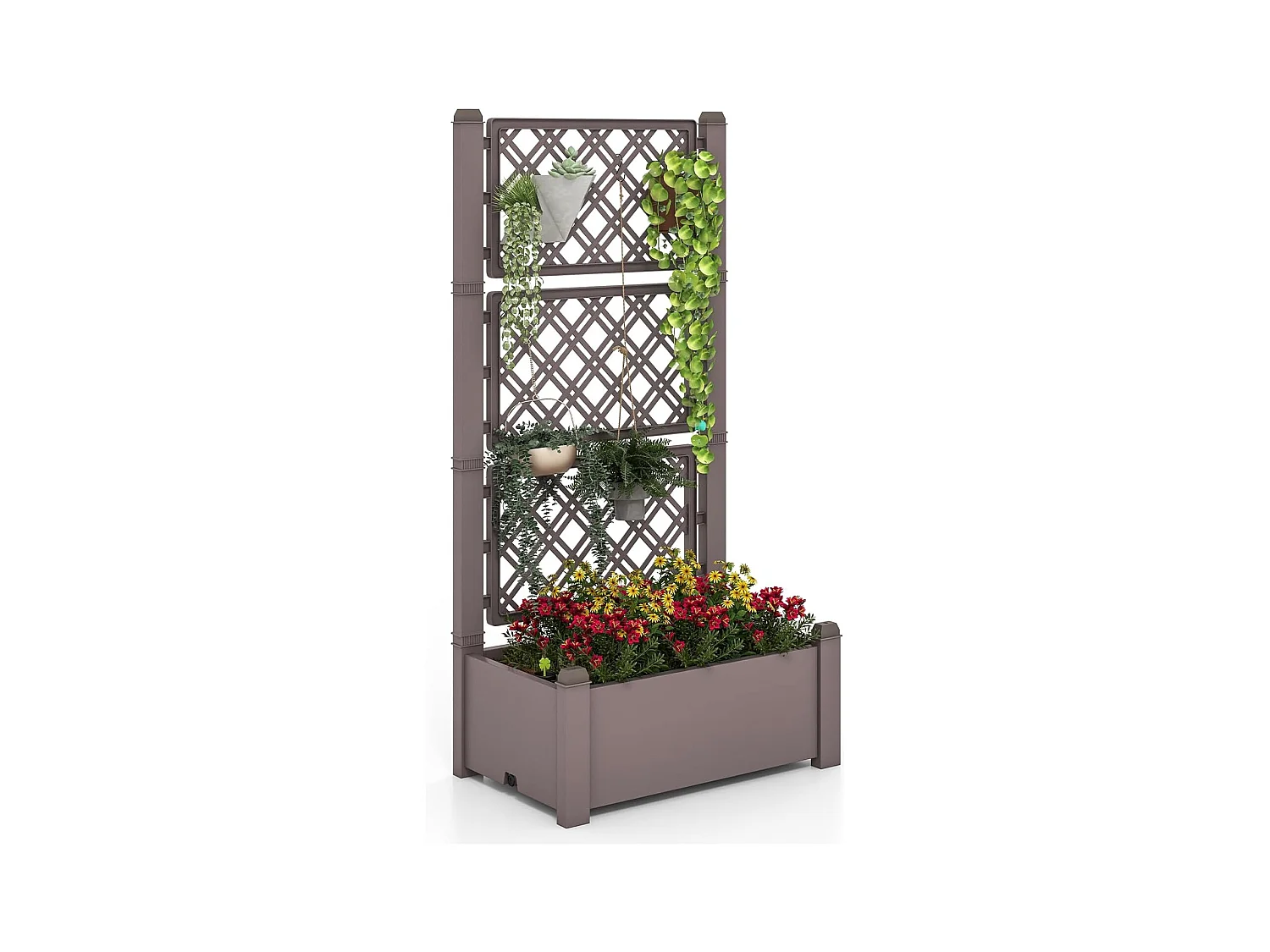Jardinière avec Treillis à 3 Hauteurs Arrosage Automatique, Lit de Jardin Surélevé avec Indicateur de Niveau d'eau (Café)