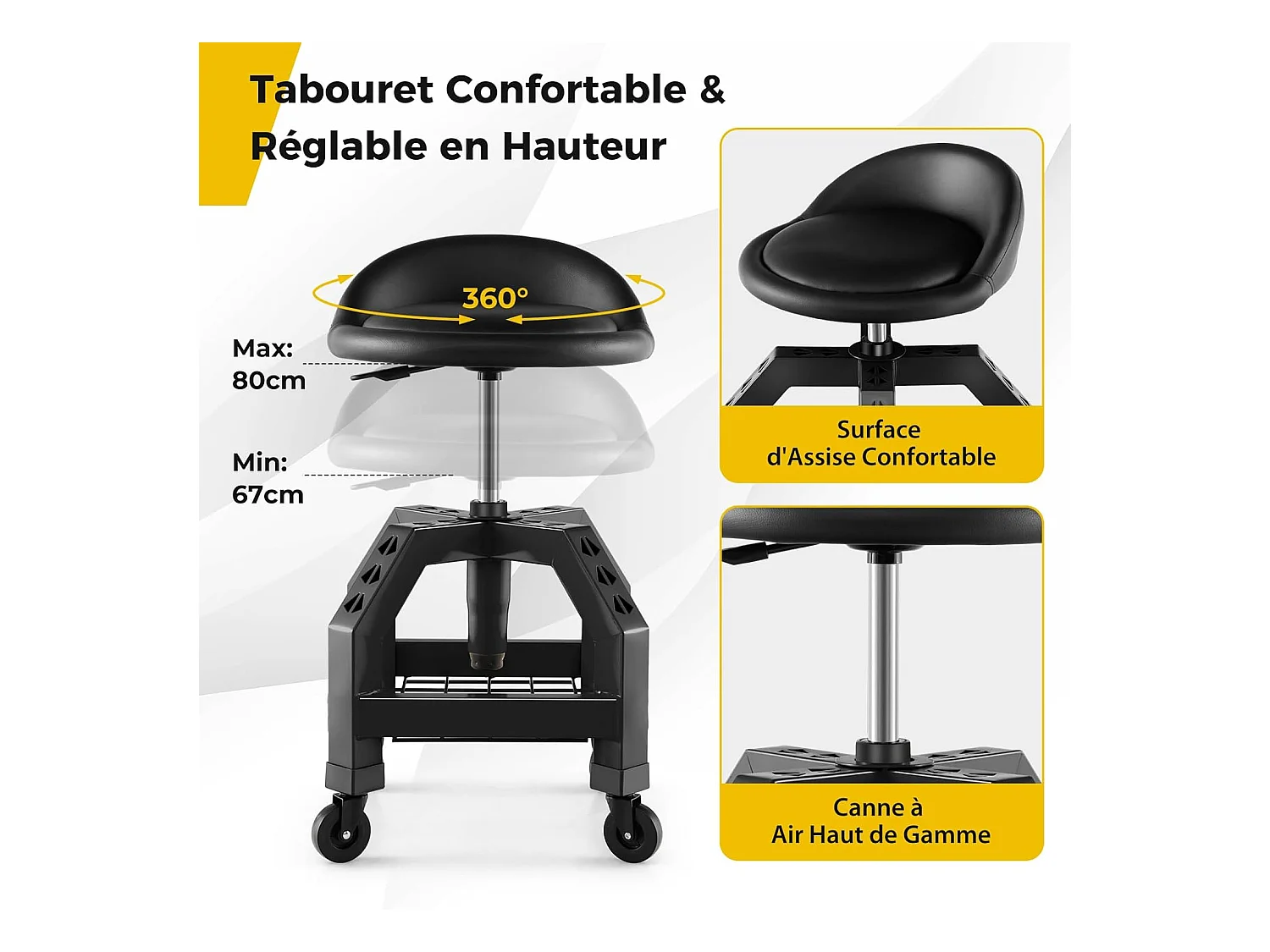 Tabouret d'Atelier Roulant Réglable en Hauteur avec Plateau à Outils - 4 Roues Universelles - Charge 150 kg - Noir