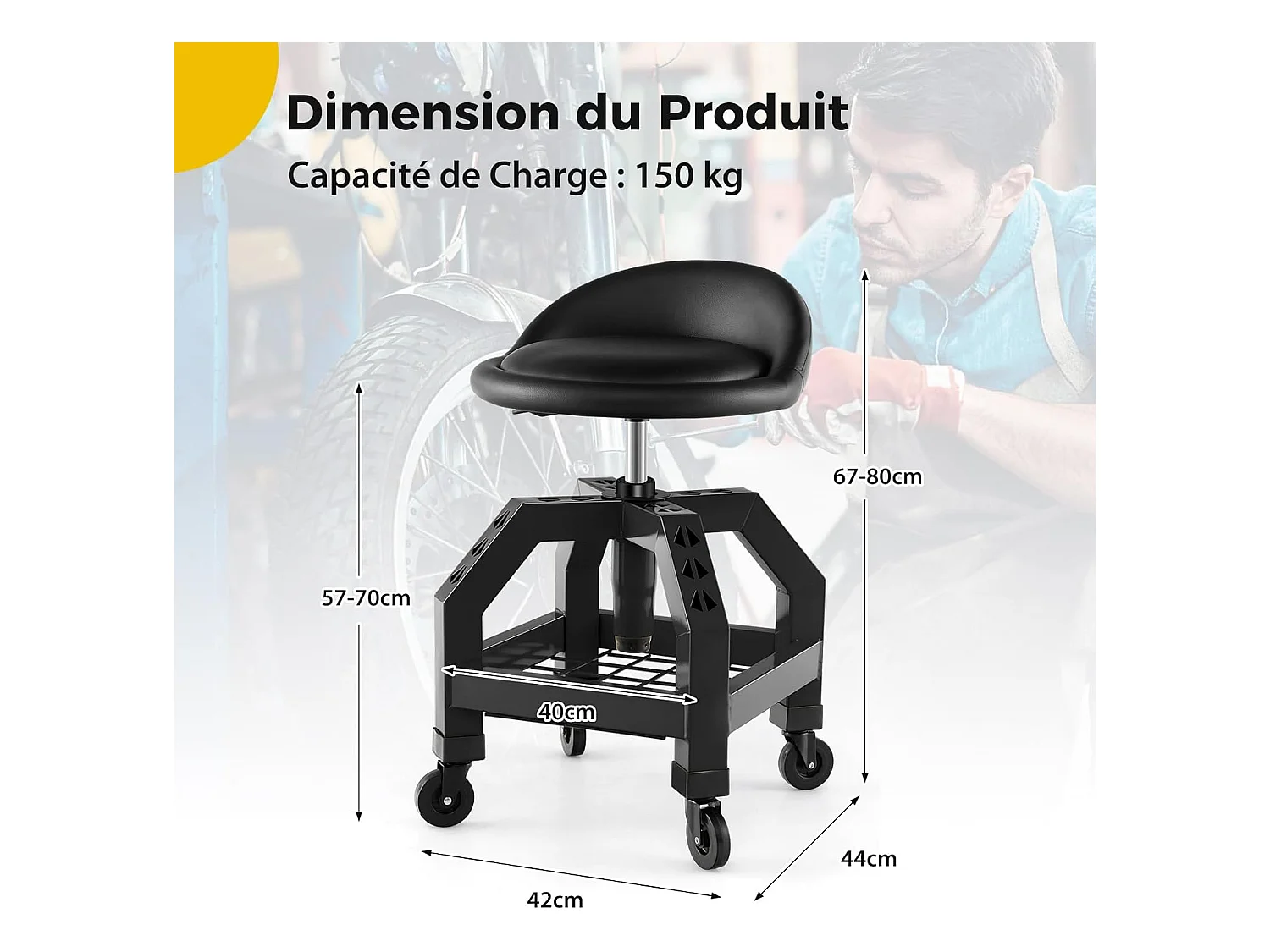 Tabouret d'Atelier Roulant Réglable en Hauteur avec Plateau à Outils - 4 Roues Universelles - Charge 150 kg - Noir