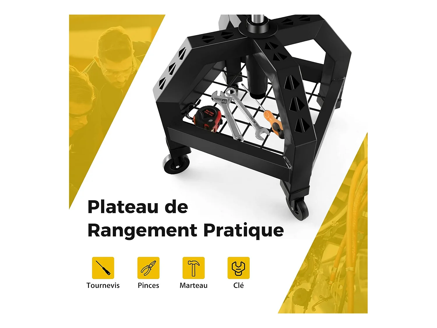 Tabouret d'Atelier Roulant Réglable en Hauteur avec Plateau à Outils - 4 Roues Universelles - Charge 150 kg - Noir