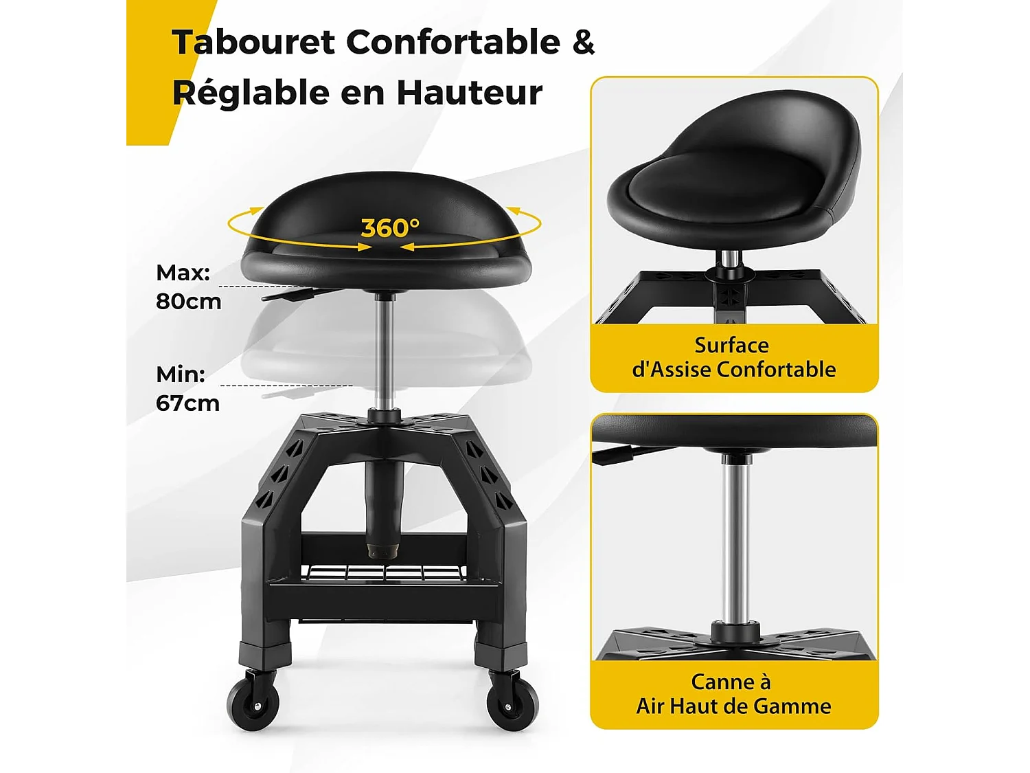 Tabouret d'Atelier Roulant Réglable en Hauteur avec Plateau à Outils - 4 Roues Universelles - Charge 150 kg - Noir