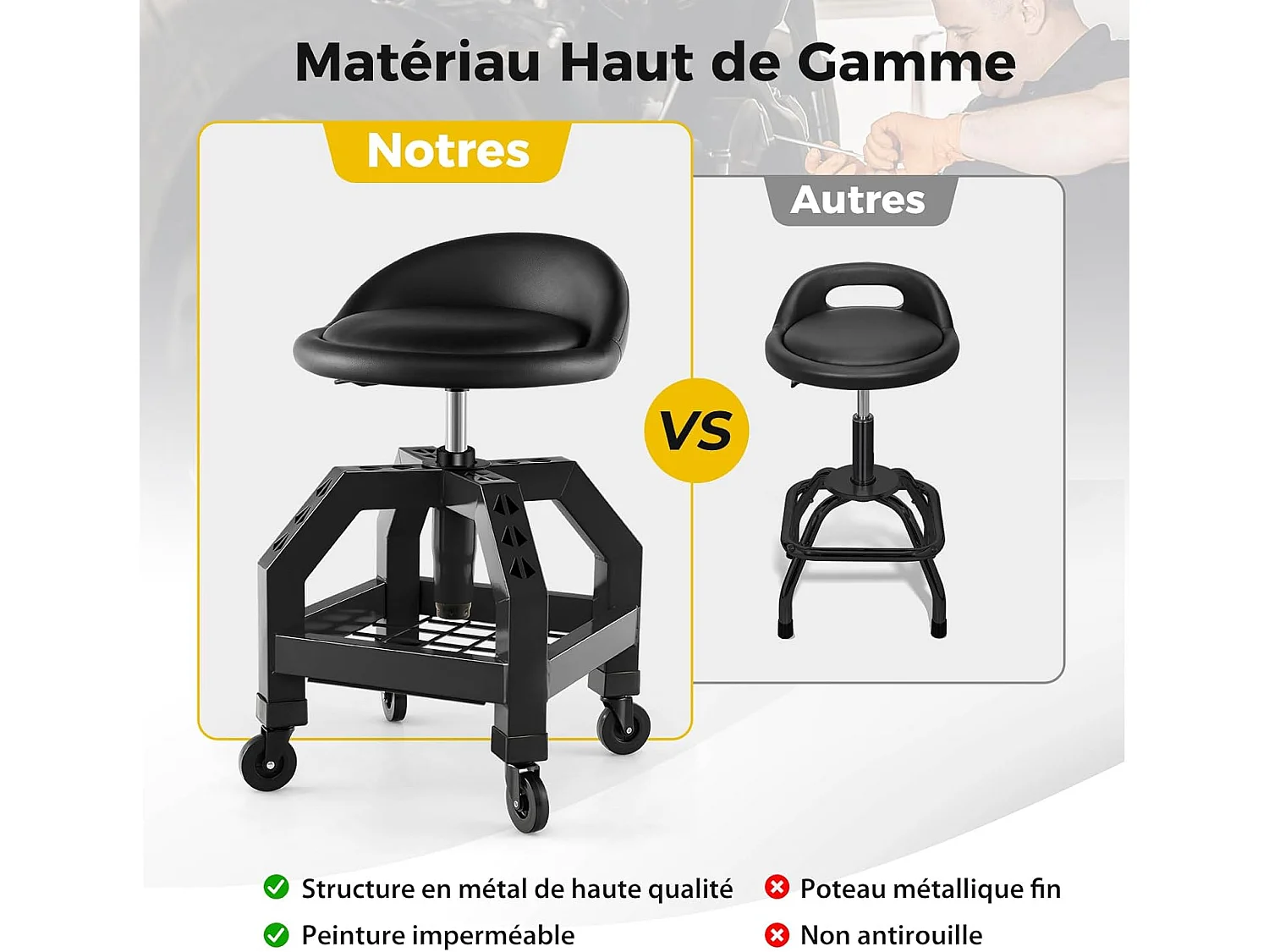 Tabouret d'Atelier Roulant Réglable en Hauteur avec Plateau à Outils - 4 Roues Universelles - Charge 150 kg - Noir
