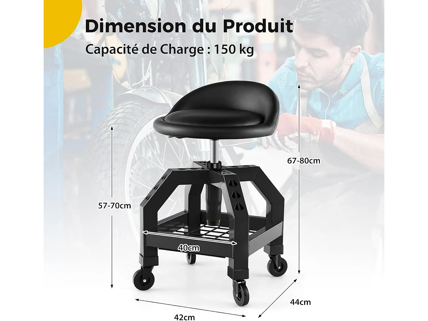 Tabouret d'Atelier Roulant Réglable en Hauteur avec Plateau à Outils - 4 Roues Universelles - Charge 150 kg - Noir