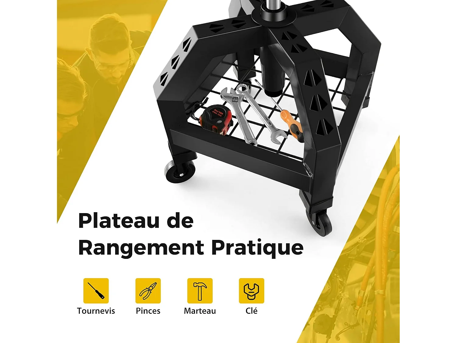 Tabouret d'Atelier Roulant Réglable en Hauteur avec Plateau à Outils - 4 Roues Universelles - Charge 150 kg - Noir
