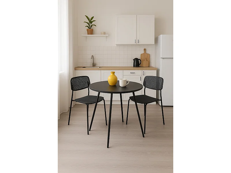 Table Ronde, Diam 80 cm, Cuisine et Petits Espaces, Pied Métal, Plateau PP, SALY (Noir)