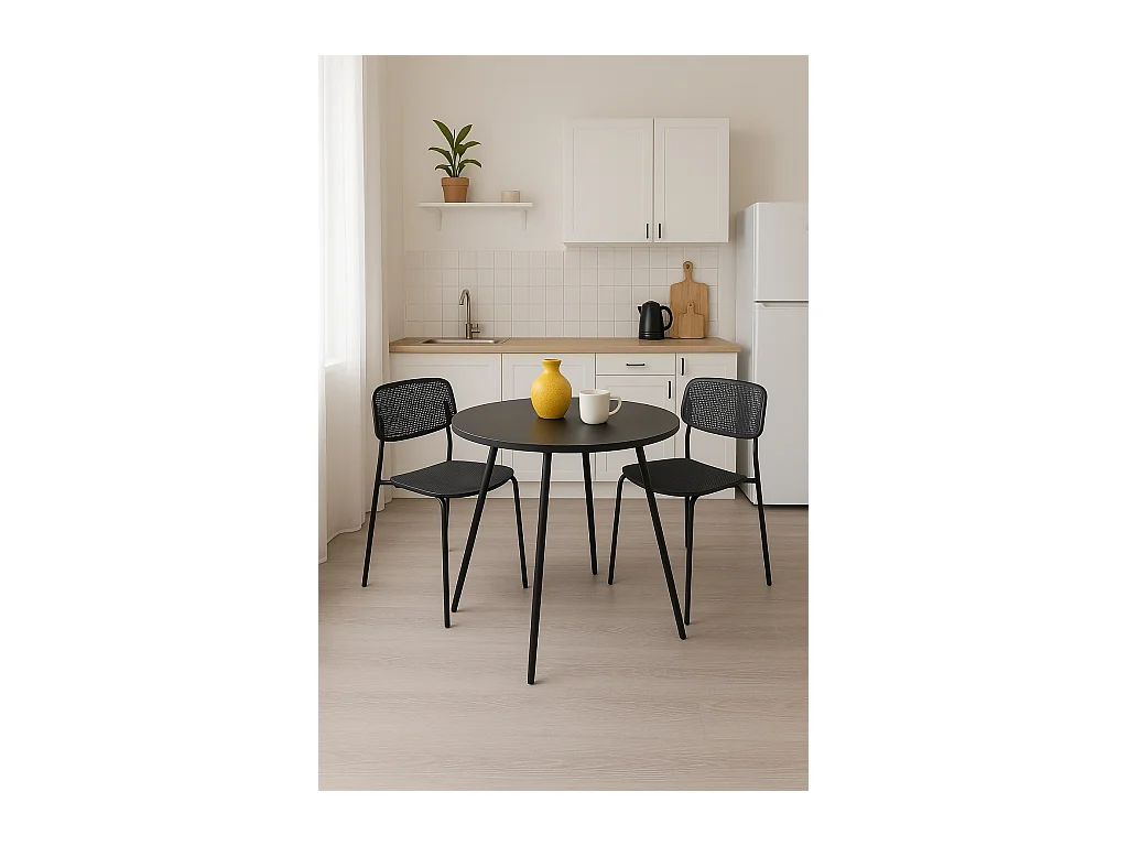 Table Ronde, Diam 80 cm, Cuisine et Petits Espaces, Pied Métal, Plateau PP, SALY (Noir)