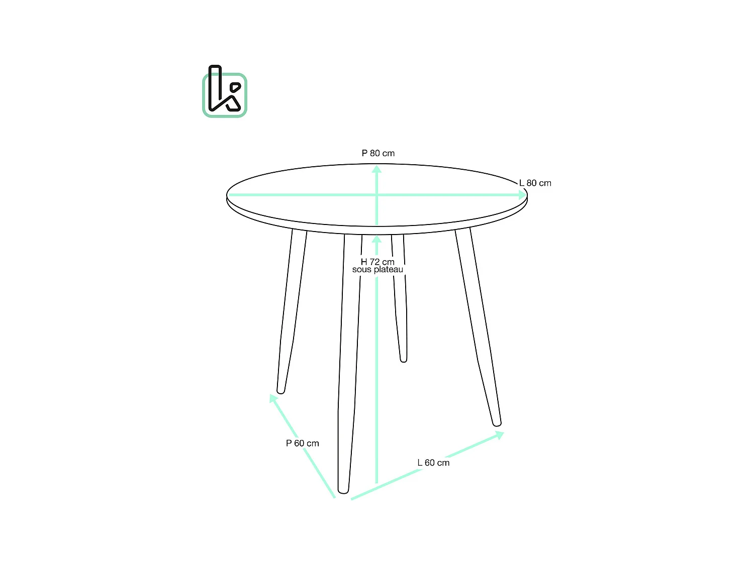 Table Ronde, Diam 80 cm, Cuisine et Petits Espaces, Pied Métal, Plateau PP, SALY (Noir)