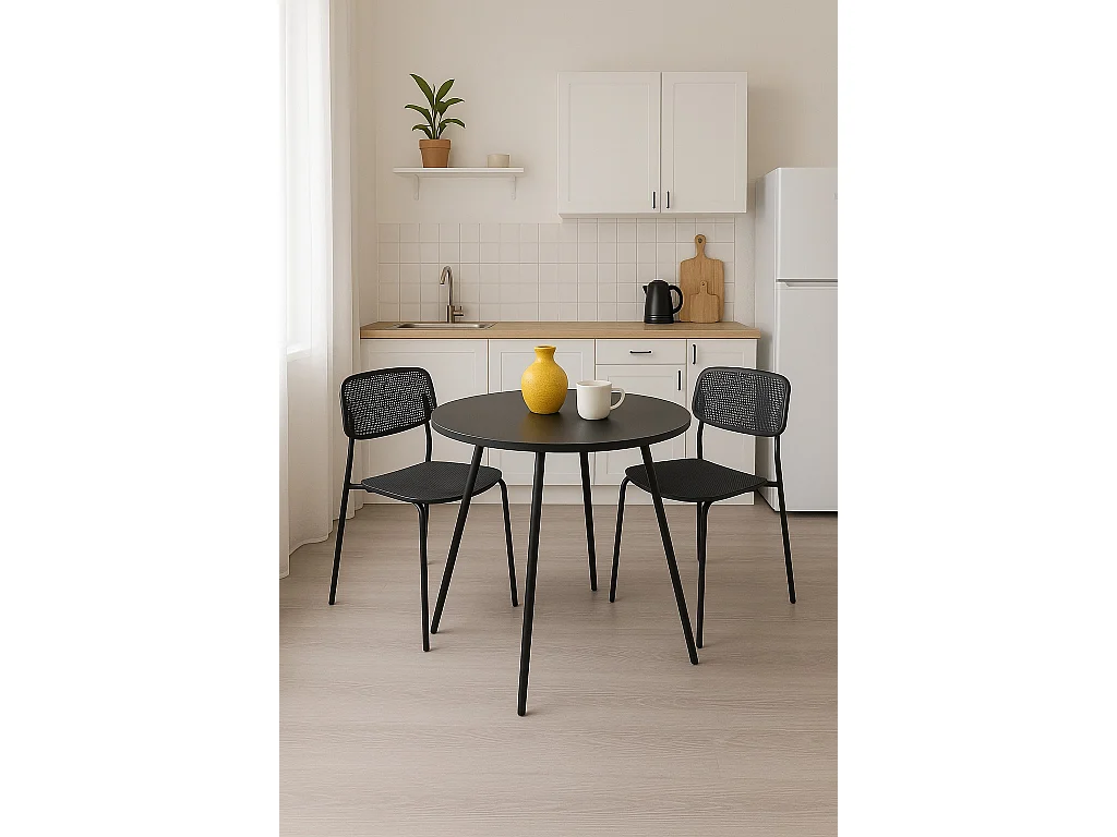 Table Ronde, Diam 80 cm, Cuisine et Petits Espaces, Pied Métal, Plateau PP, SALY (Noir)