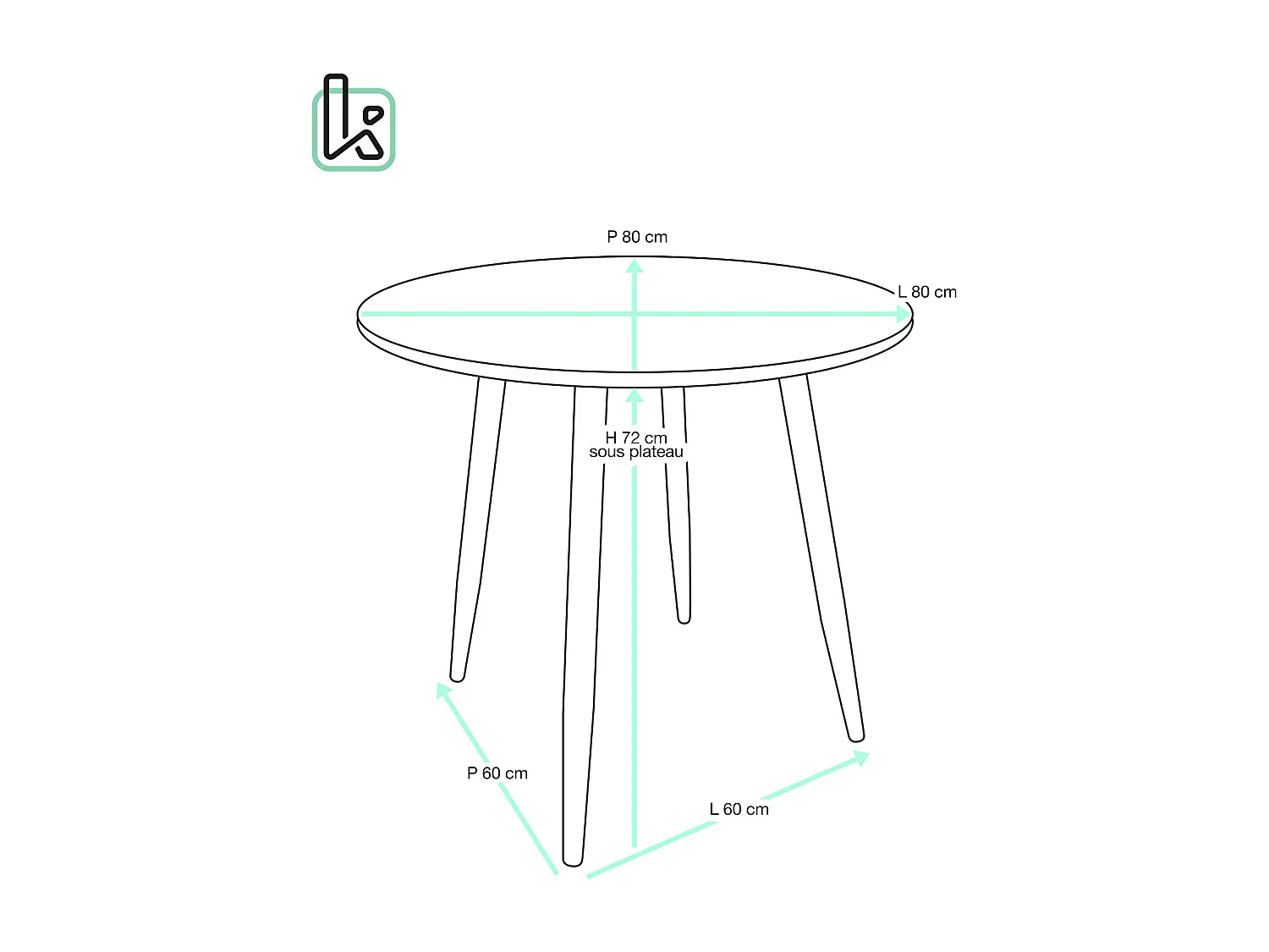 Table Ronde, Diam 80 cm, Cuisine et Petits Espaces, Pied Métal, Plateau PP, SALY (Noir)