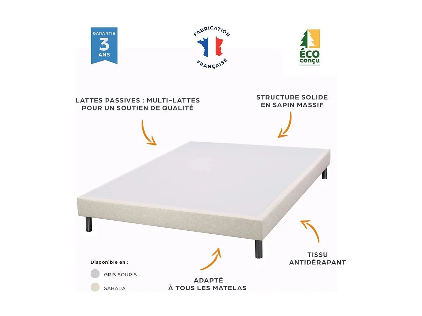 Sommier tapissier + pieds SR15 Volcan 90x200 Lattes bois massif - H.15 cm