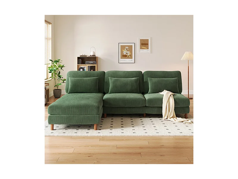Canapé d'angle réversible en velours cotelé - 2 places + méridienne - Vert - 256 x 160 x 88 cm
