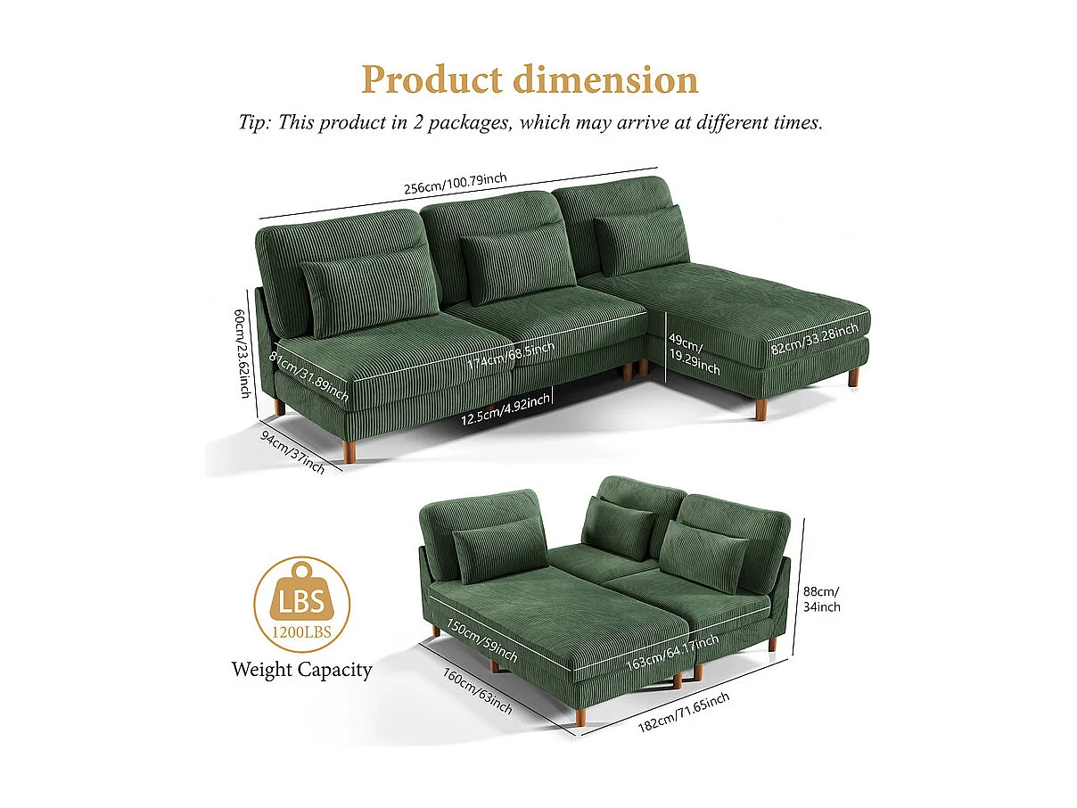 Canapé d'angle réversible en velours cotelé - 2 places + méridienne - Vert - 256 x 160 x 88 cm