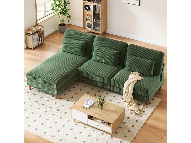 Canapé d'angle réversible en velours cotelé - 2 places + méridienne - Vert - 256 x 160 x 88 cm