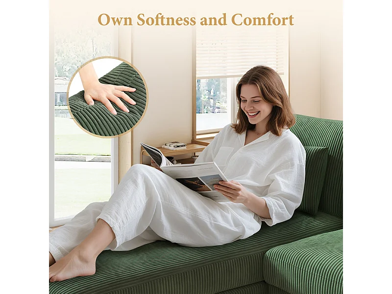 Canapé d'angle réversible en velours cotelé - 2 places + méridienne - Vert - 256 x 160 x 88 cm