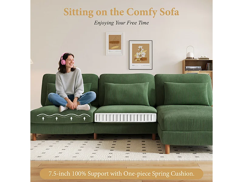 Canapé d'angle réversible en velours cotelé - 2 places + méridienne - Vert - 256 x 160 x 88 cm