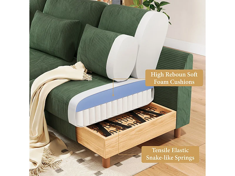 Canapé d'angle réversible en velours cotelé - 2 places + méridienne - Vert - 256 x 160 x 88 cm