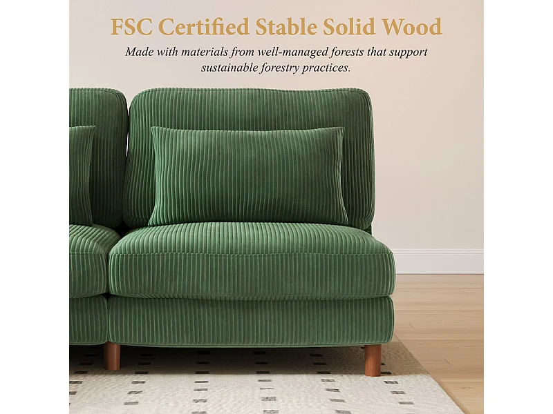 Canapé d'angle réversible en velours cotelé - 2 places + méridienne - Vert - 256 x 160 x 88 cm