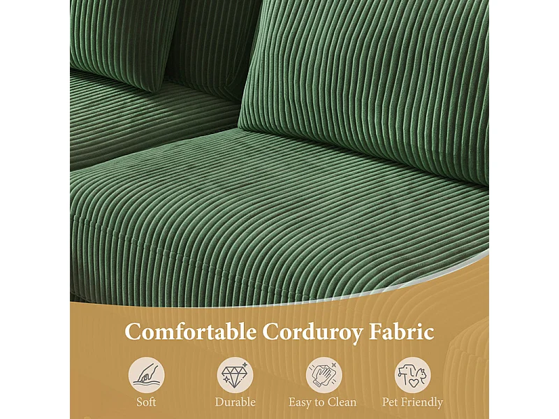 Canapé d'angle réversible en velours cotelé - 2 places + méridienne - Vert - 256 x 160 x 88 cm