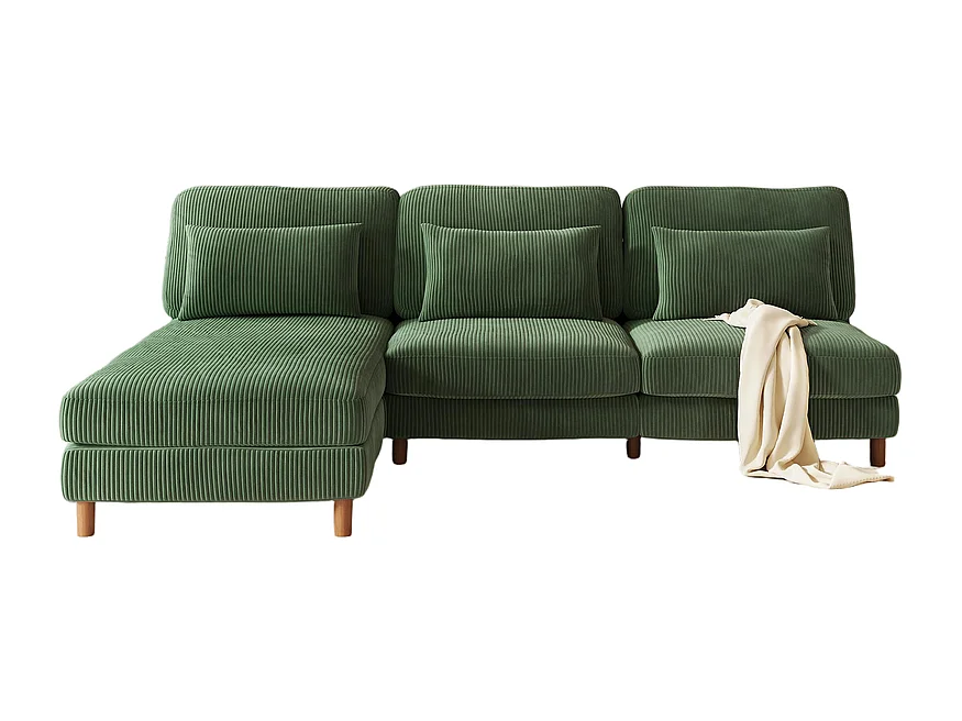 Canapé d'angle réversible en velours cotelé - 2 places + méridienne - Vert - 256 x 160 x 88 cm