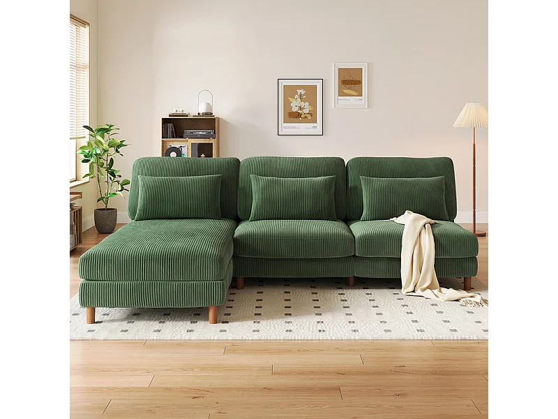 Canapé d'angle réversible en velours cotelé - 2 places + méridienne - Vert - 256 x 160 x 88 cm