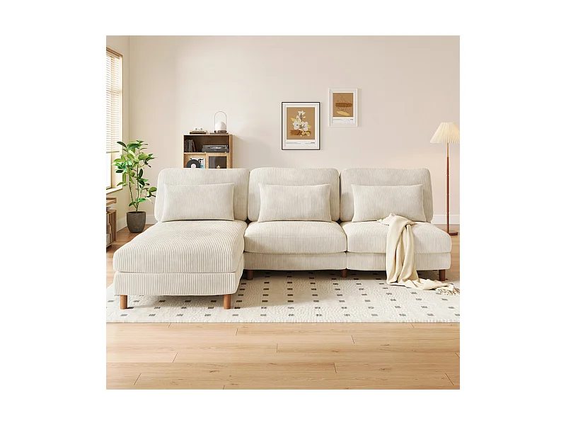 Canapé d'angle réversible en velours cotelé - 2 places + méridienne - Beige - 256 x 160 x 88 cm