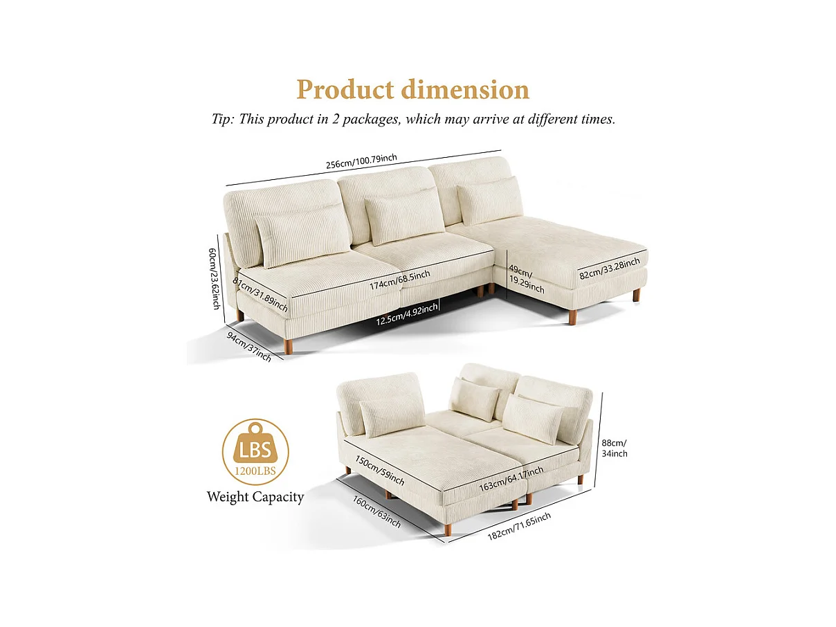 Canapé d'angle réversible en velours cotelé - 2 places + méridienne - Beige - 256 x 160 x 88 cm