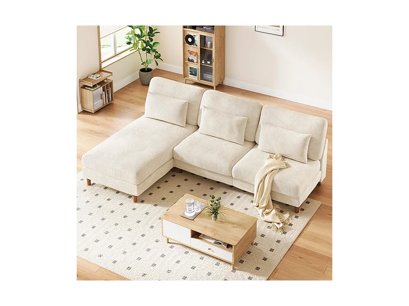 Canapé d'angle réversible en velours cotelé - 2 places + méridienne - Beige - 256 x 160 x 88 cm