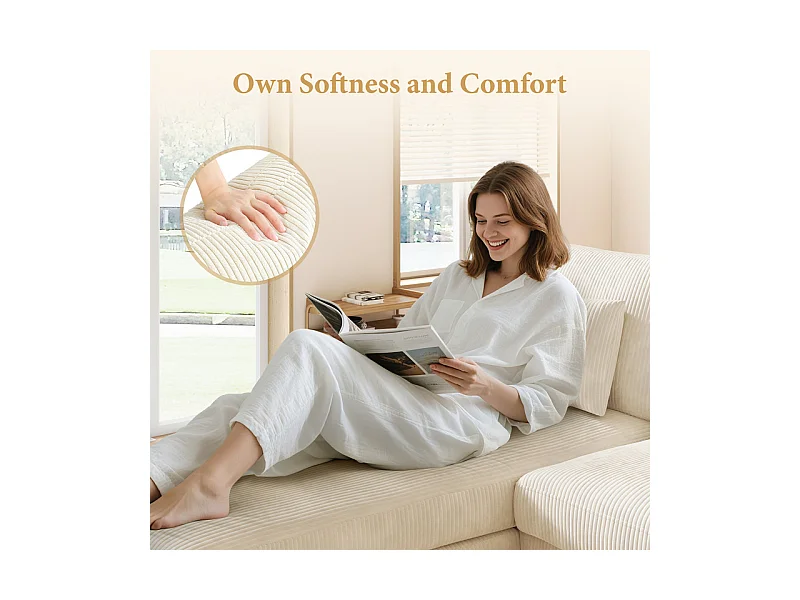 Canapé d'angle réversible en velours cotelé - 2 places + méridienne - Beige - 256 x 160 x 88 cm