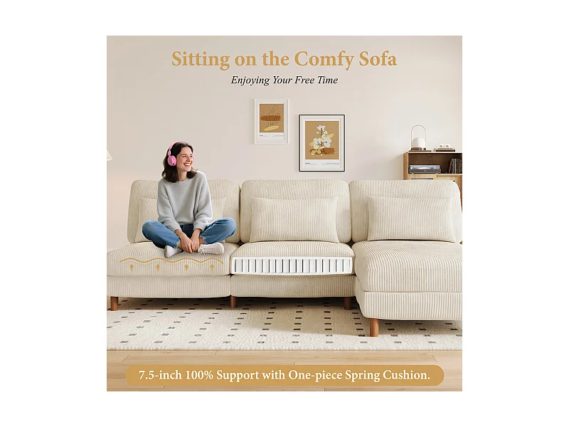 Canapé d'angle réversible en velours cotelé - 2 places + méridienne - Beige - 256 x 160 x 88 cm