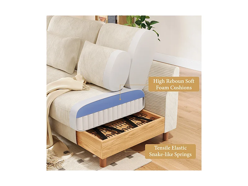 Canapé d'angle réversible en velours cotelé - 2 places + méridienne - Beige - 256 x 160 x 88 cm