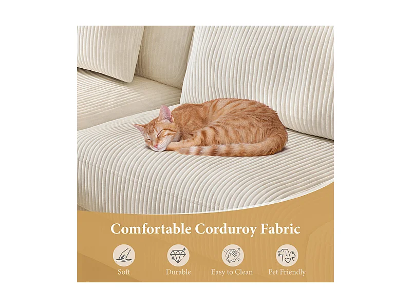 Canapé d'angle réversible en velours cotelé - 2 places + méridienne - Beige - 256 x 160 x 88 cm