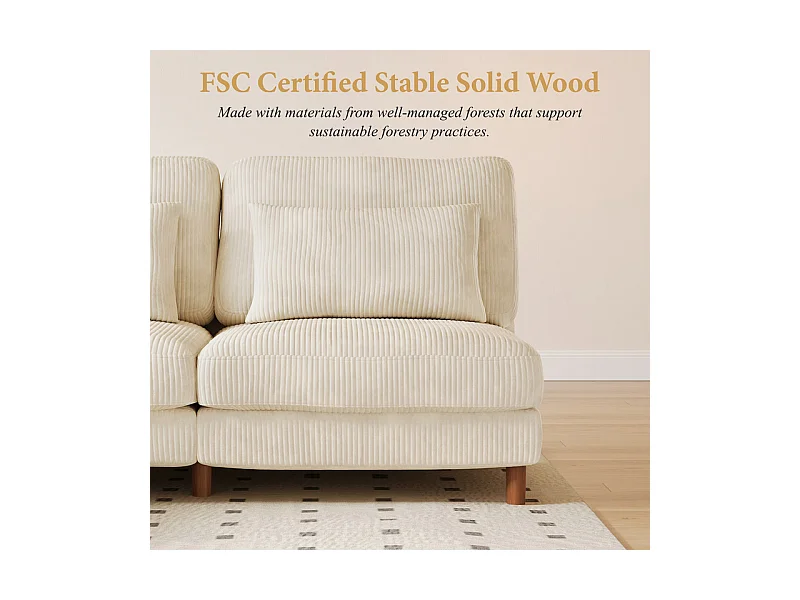 Canapé d'angle réversible en velours cotelé - 2 places + méridienne - Beige - 256 x 160 x 88 cm