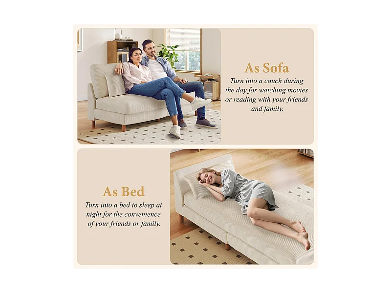 Canapé d'angle réversible en velours cotelé - 2 places + méridienne - Beige - 256 x 160 x 88 cm