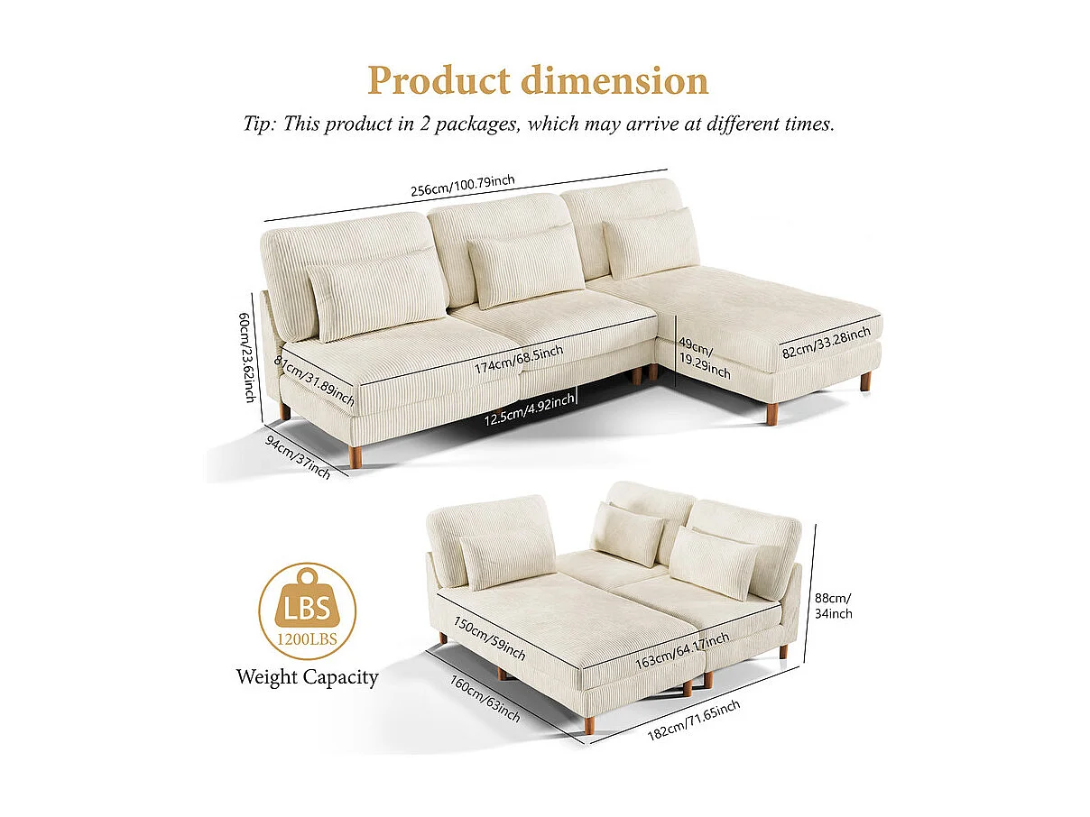 Canapé d'angle réversible en velours cotelé - 2 places + méridienne - Beige - 256 x 160 x 88 cm