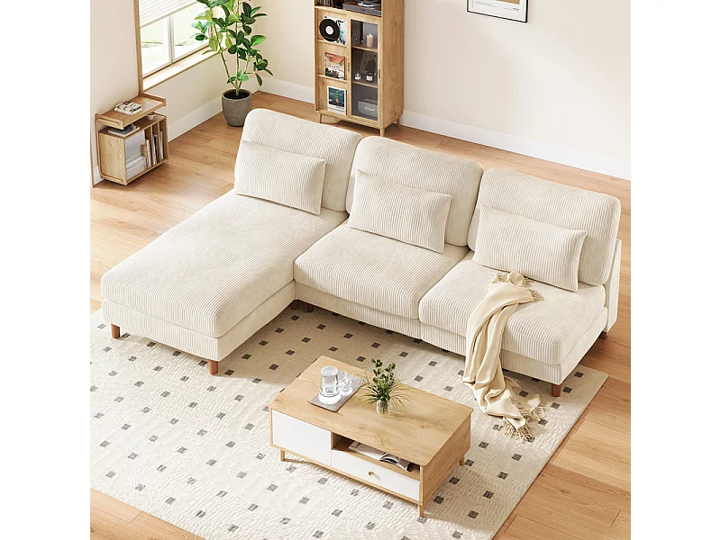 Canapé d'angle réversible en velours cotelé - 2 places + méridienne - Beige - 256 x 160 x 88 cm