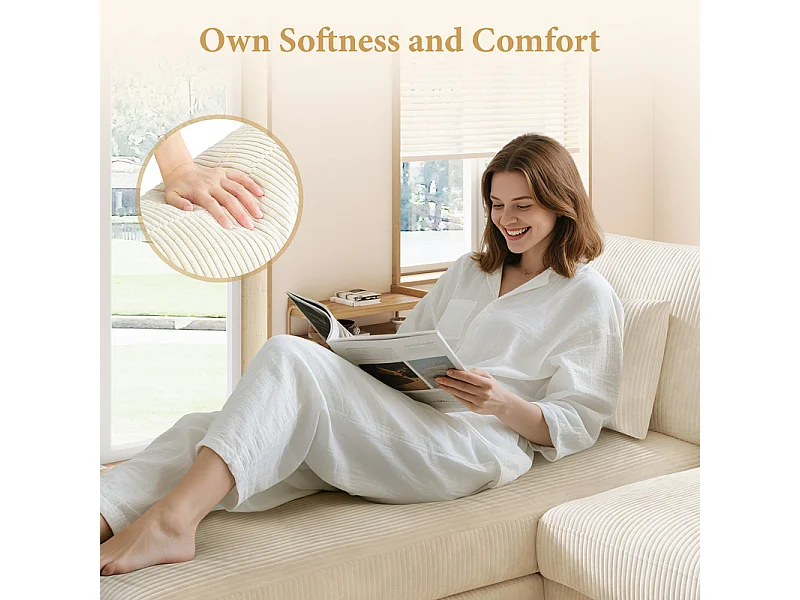 Canapé d'angle réversible en velours cotelé - 2 places + méridienne - Beige - 256 x 160 x 88 cm