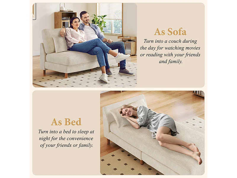 Canapé d'angle réversible en velours cotelé - 2 places + méridienne - Beige - 256 x 160 x 88 cm