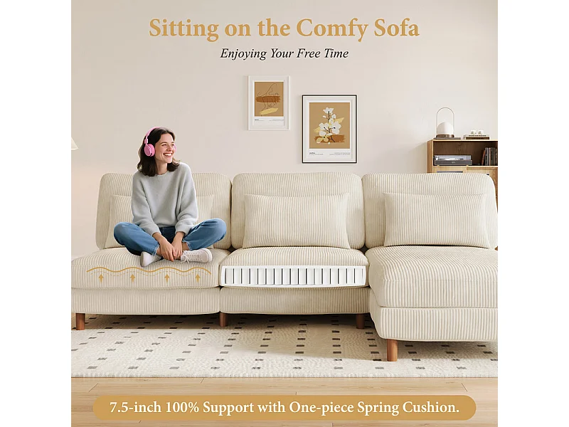 Canapé d'angle réversible en velours cotelé - 2 places + méridienne - Beige - 256 x 160 x 88 cm