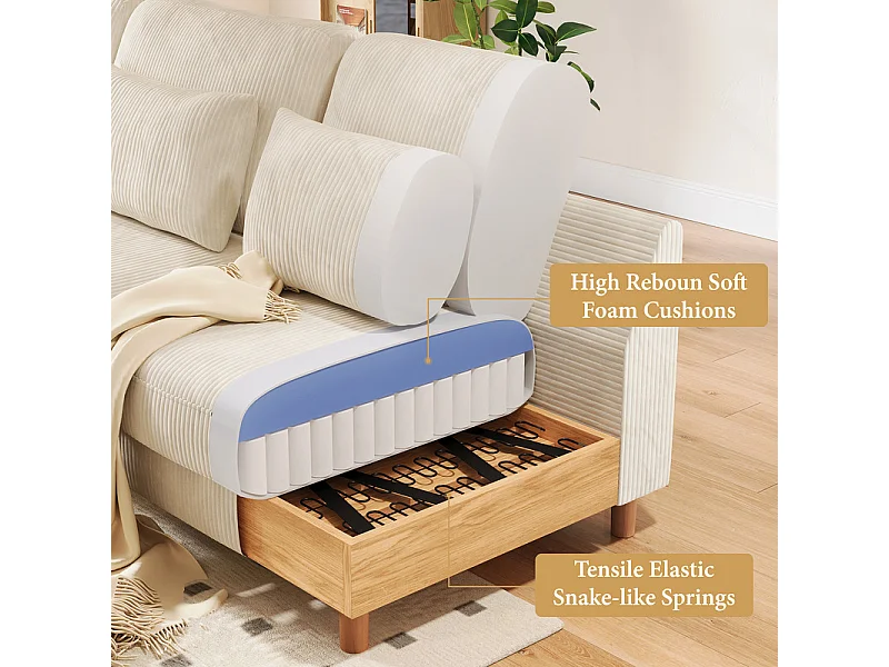 Canapé d'angle réversible en velours cotelé - 2 places + méridienne - Beige - 256 x 160 x 88 cm